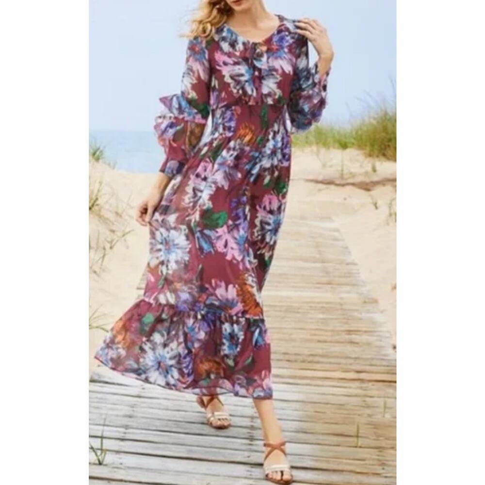 Soft Surroundings Fiore Rosa Maxi Dress Ruffles Tassels Floral PL